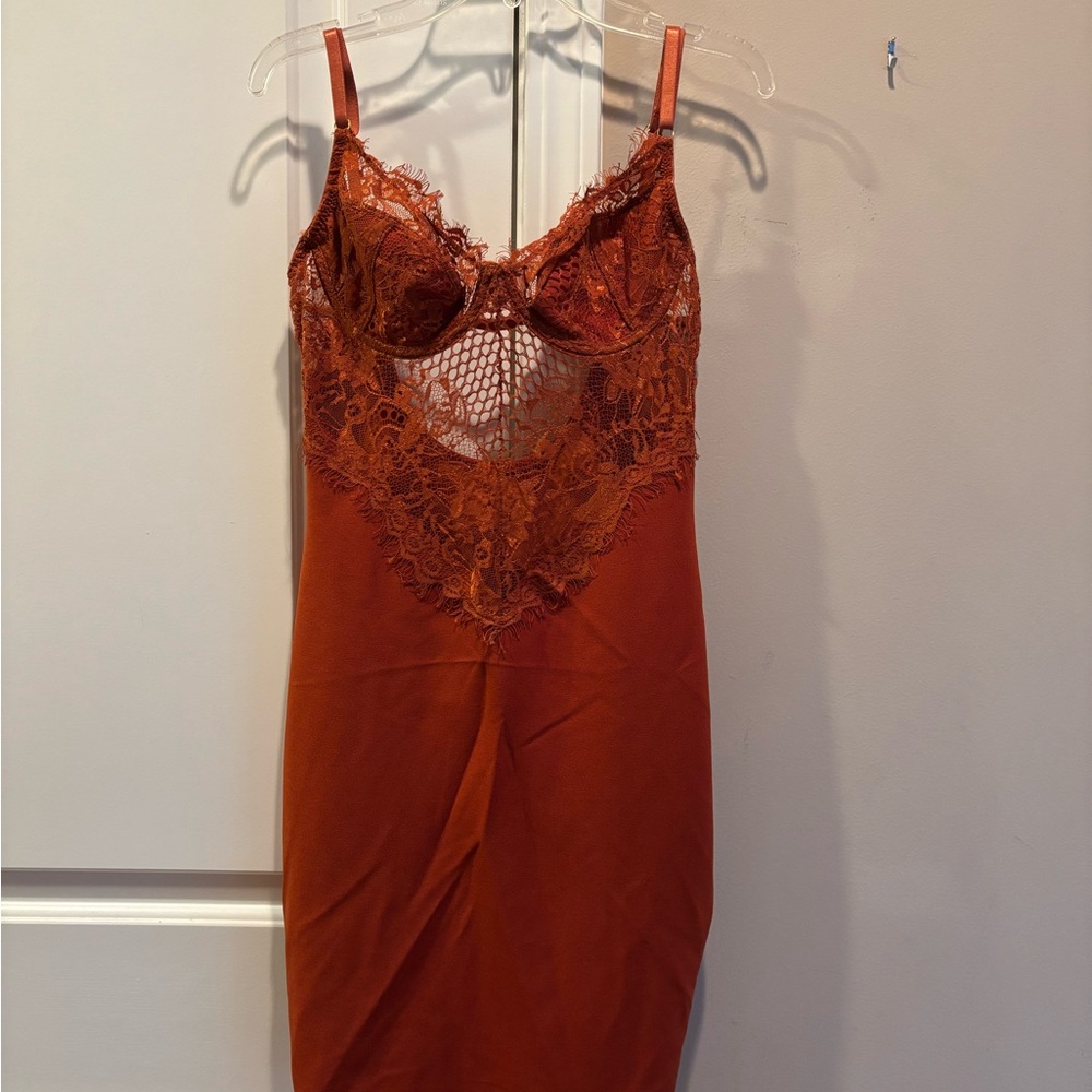 AKIRA Orange Mini Dress with Lace Detailing